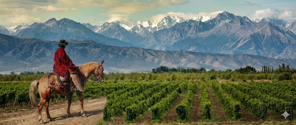 Gaucho en el viñedo al pie de la Cordillera de los Andes